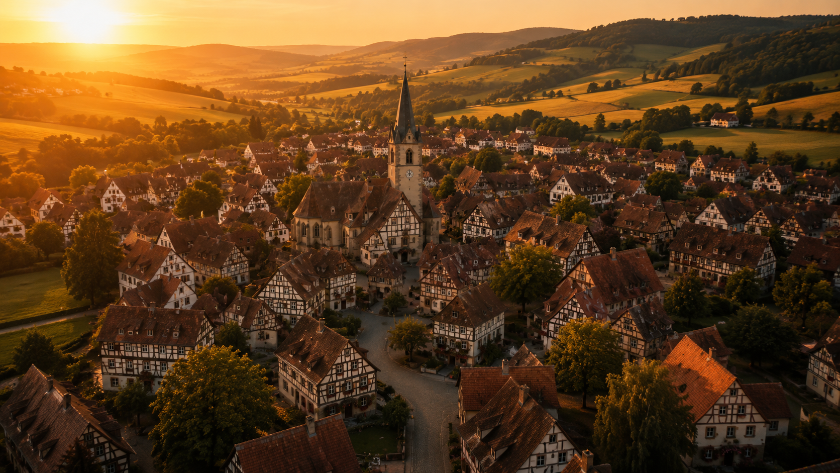 Dorf aus der Vogelperspektive im Abendlicht