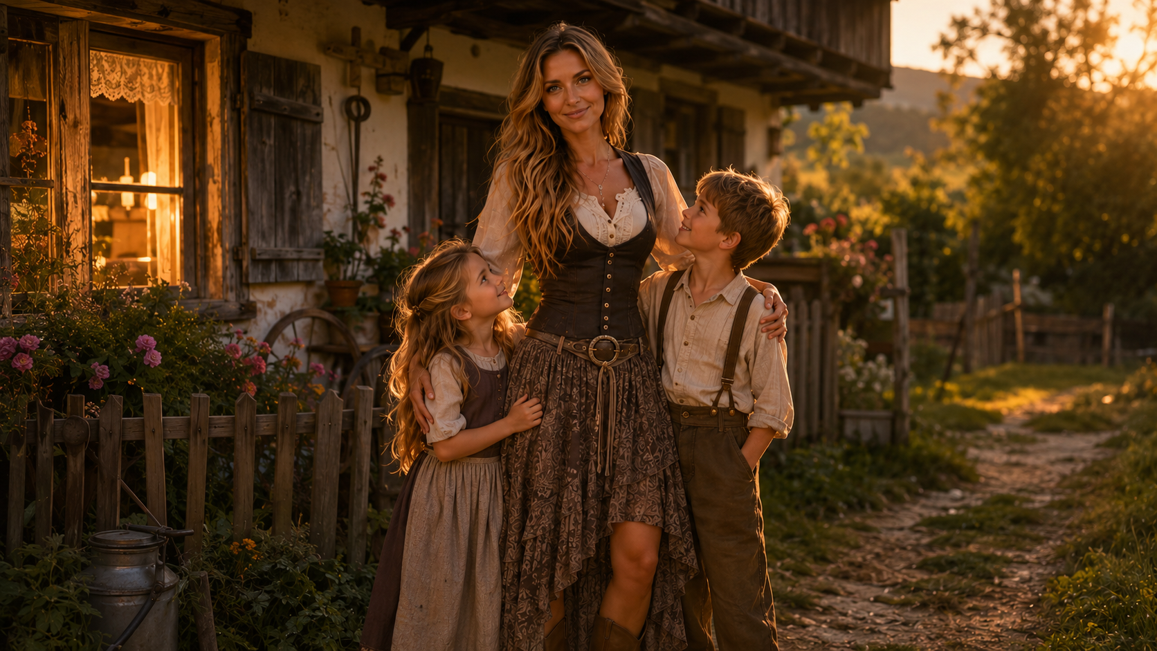 Dorfmarie mit Kindern vor einem alten Haus